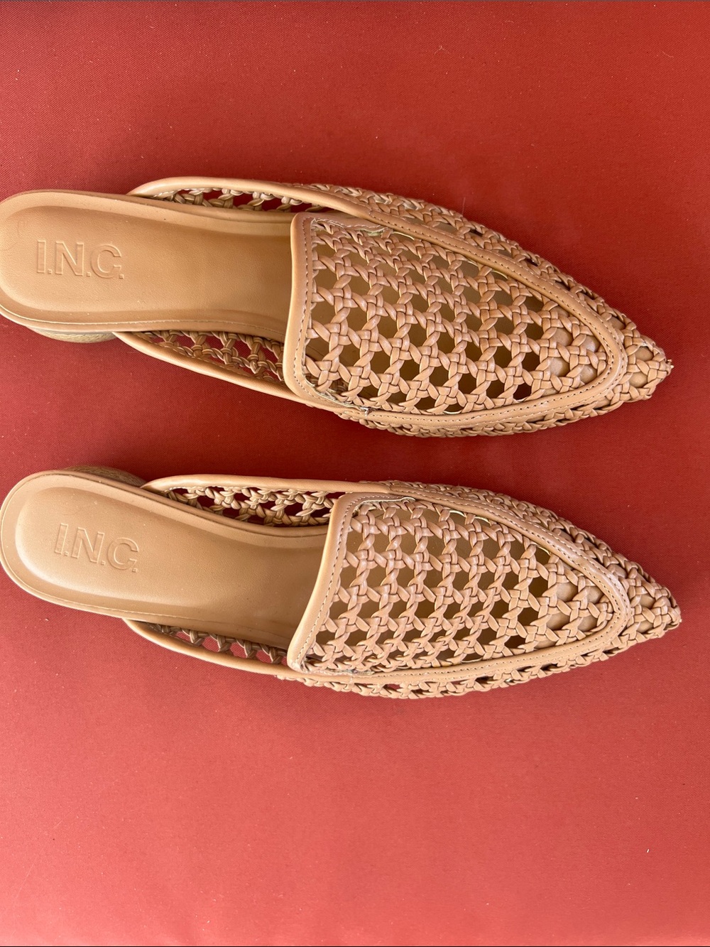 INC International Concepts Tan Woven Pointed-Toe Slip-On Mules